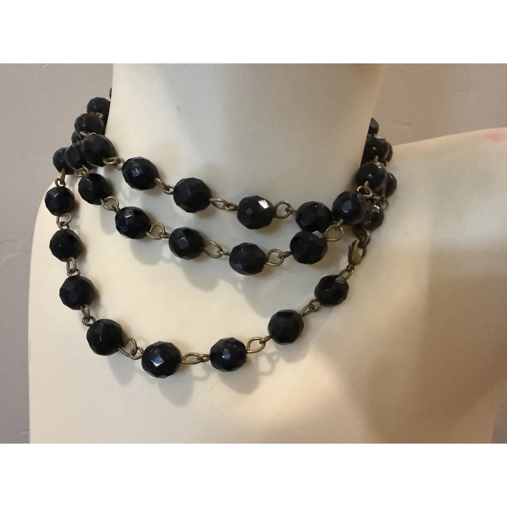 Vintage Black Faceted Glass Bead Long Opera Chain Necklace Convertible Lariat 46